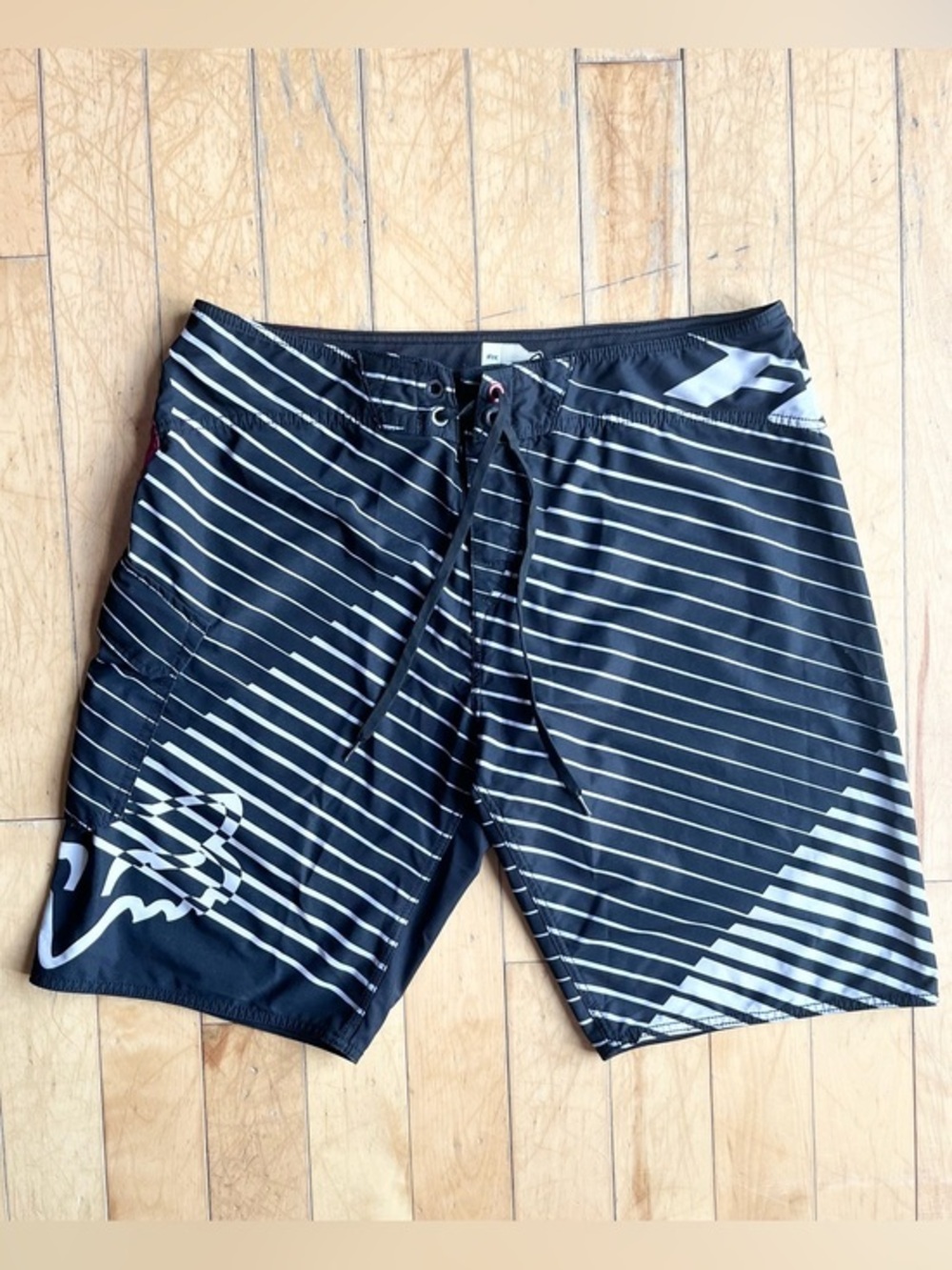 Fox Racing Striped Board Shorts Black White Performance Surf Swim Trunks Size 38
